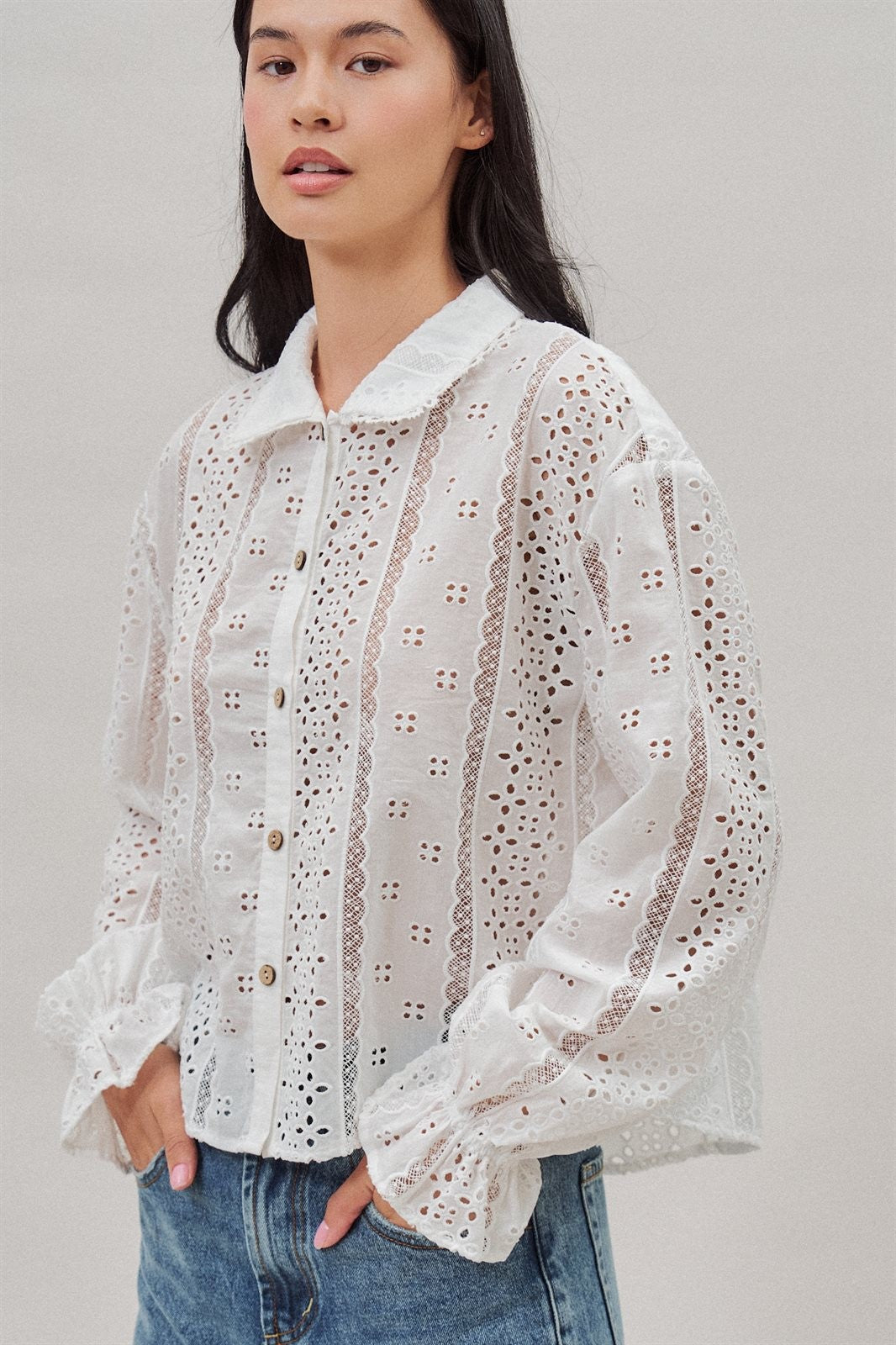 Cotton Eyelet Button Up Blouse With Lace Trim in White - Women's Blankets | Urban Daizy
