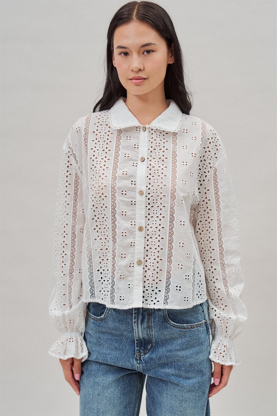 Cotton Eyelet Button Up Blouse With Lace Trim in White - Women's Blankets | Urban Daizy