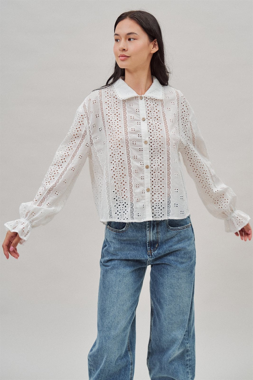 Cotton Eyelet Button Up Blouse With Lace Trim in White - Women's Blankets | Urban Daizy