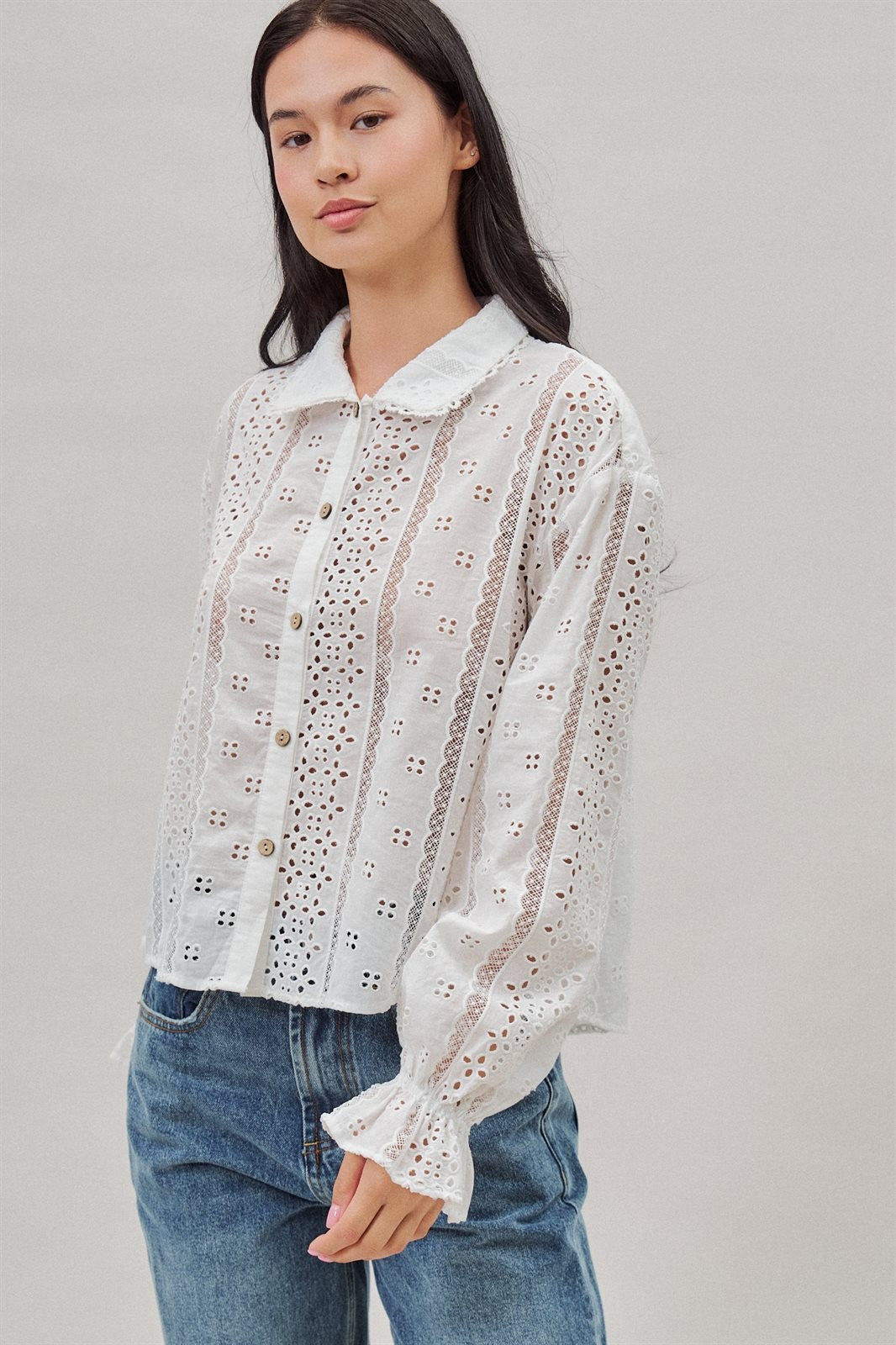 Cotton Eyelet Button Up Blouse With Lace Trim in White - Women's Blankets | Urban Daizy