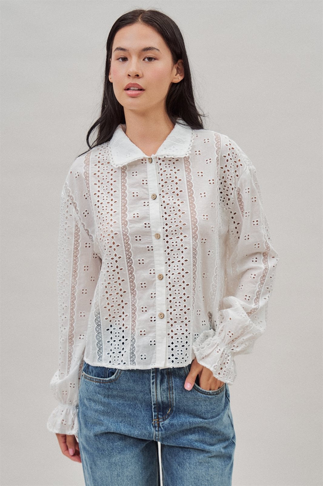 Cotton Eyelet Button Up Blouse With Lace Trim in White - Women's Blankets | Urban Daizy
