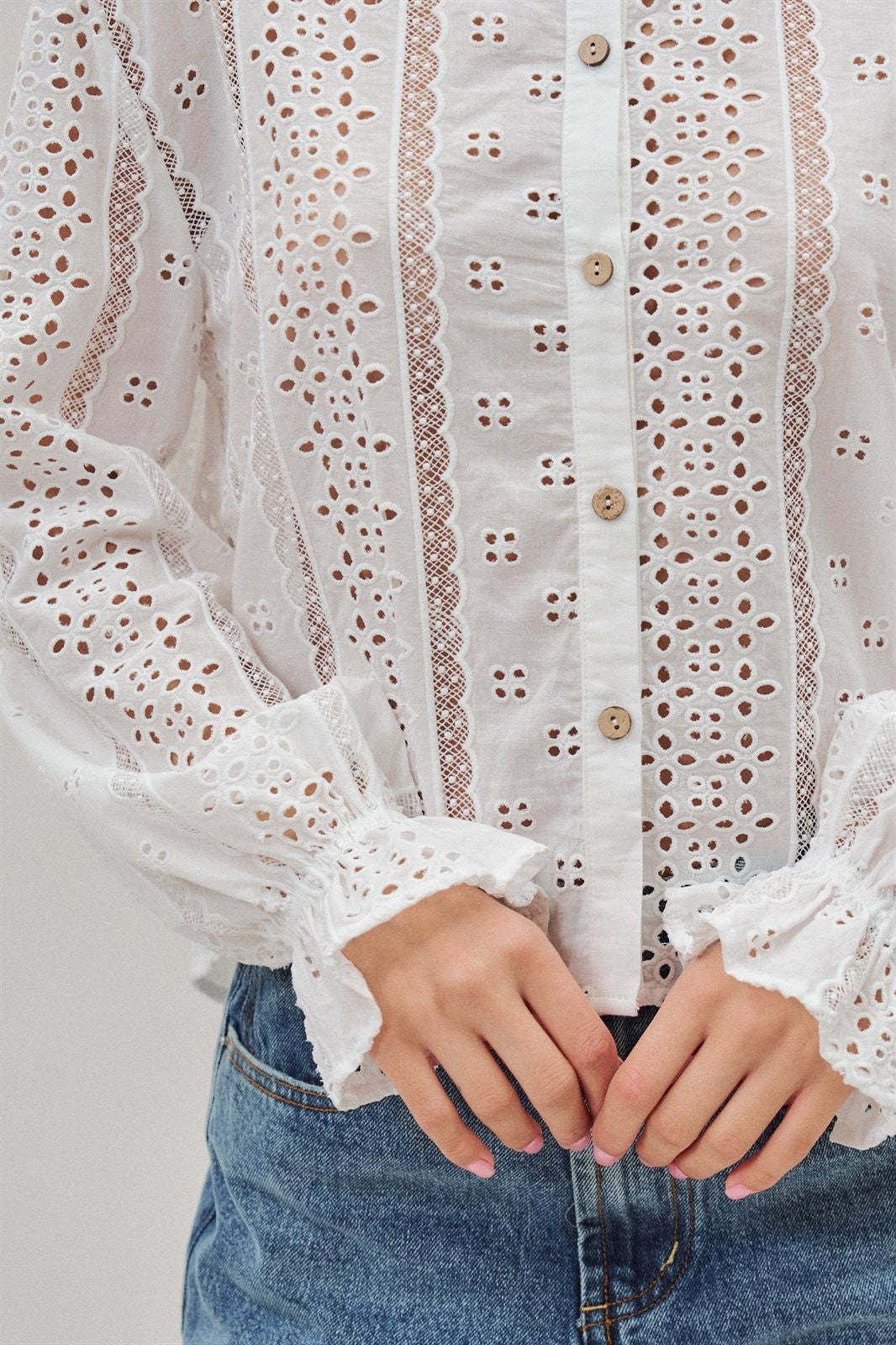Cotton Eyelet Button Up Blouse With Lace Trim in White - Women's Blankets | Urban Daizy