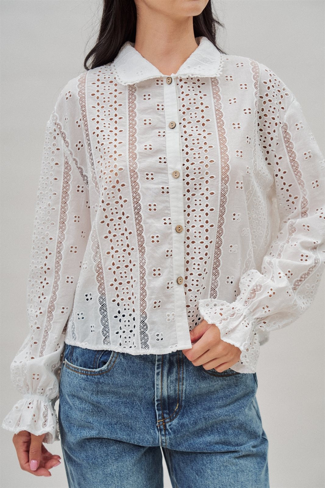 Cotton Eyelet Button Up Blouse With Lace Trim in White - Women's Blankets | Urban Daizy