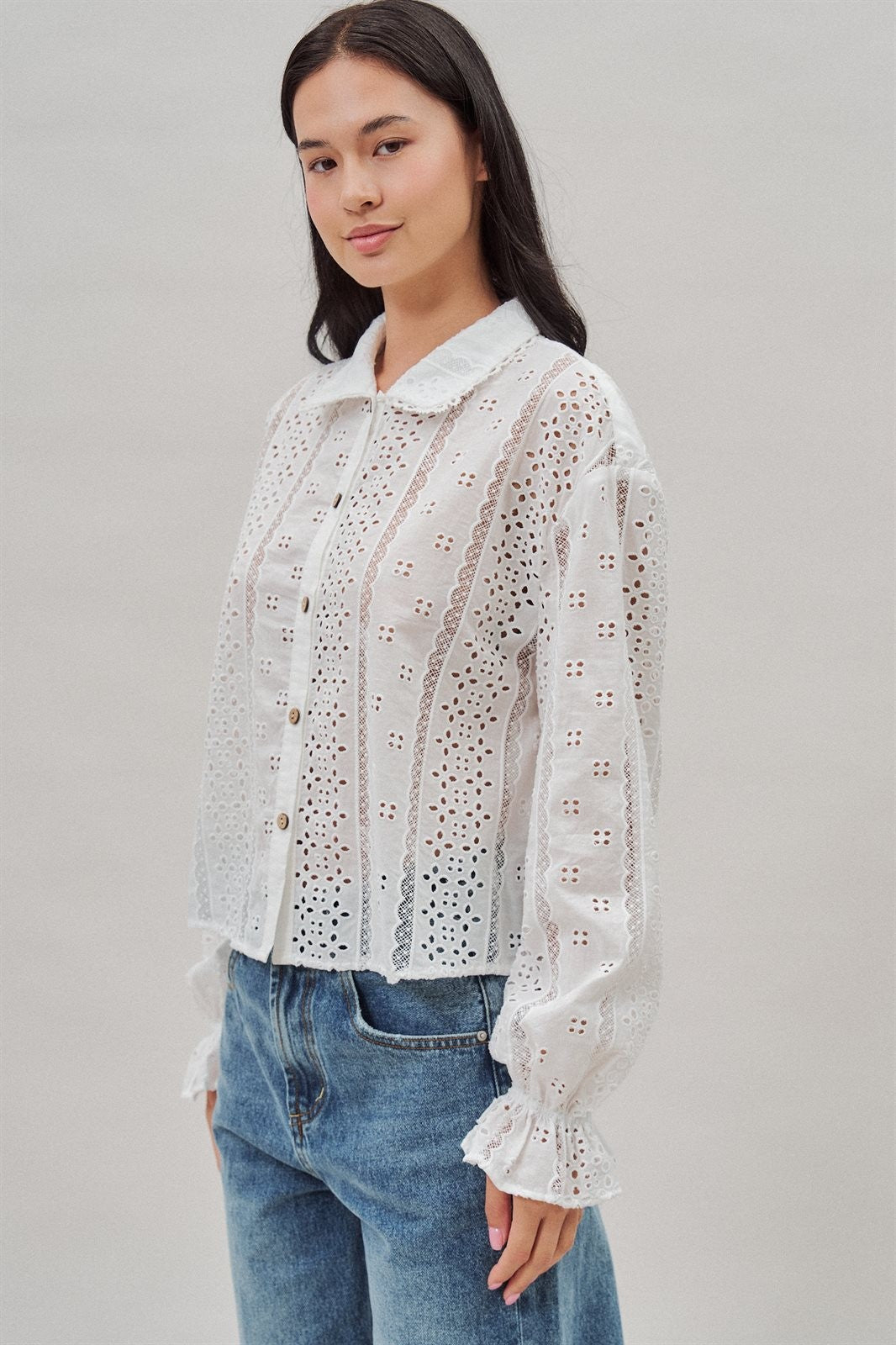 Cotton Eyelet Button Up Blouse With Lace Trim in White - Women's Blankets | Urban Daizy