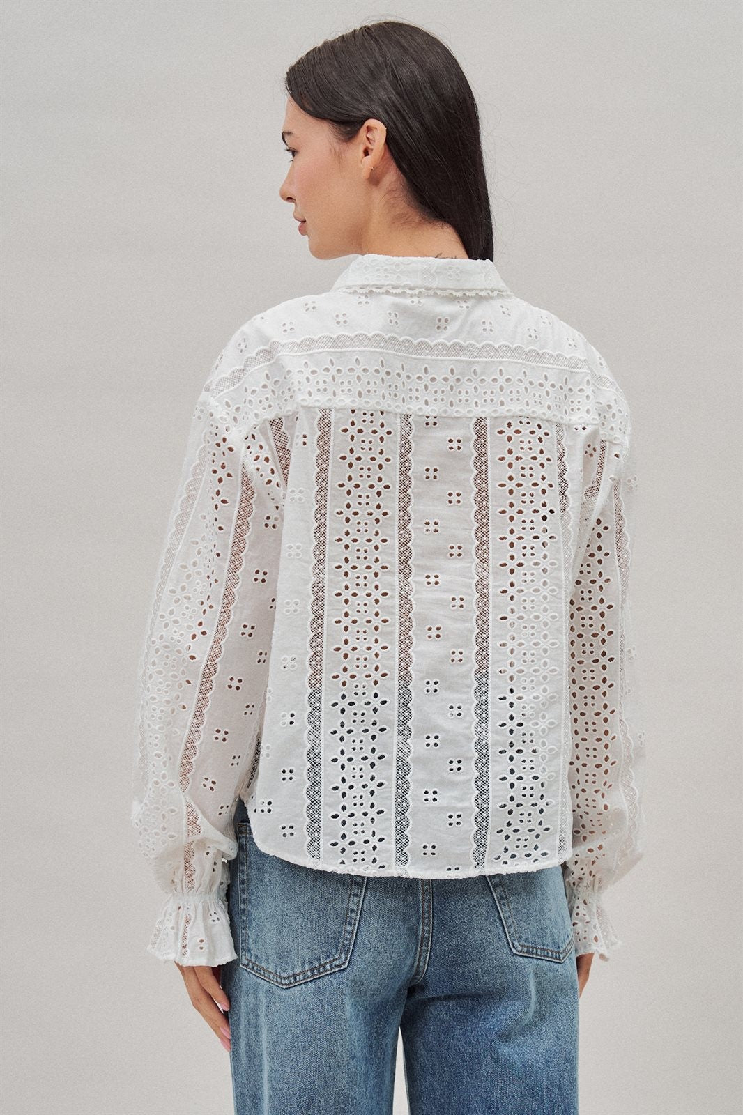 Cotton Eyelet Button Up Blouse With Lace Trim in White - Women's Blankets | Urban Daizy
