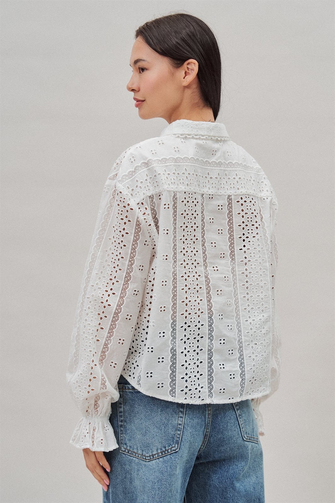 Cotton Eyelet Button Up Blouse With Lace Trim in White - Women's Blankets | Urban Daizy