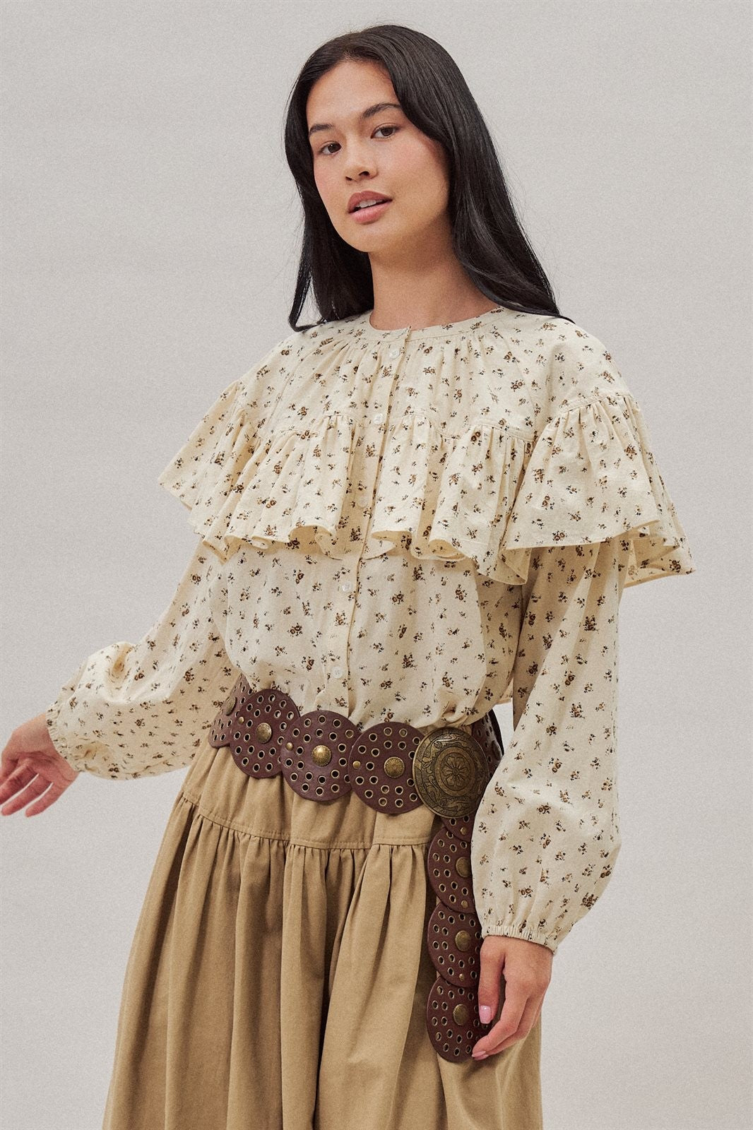 Ditsy Floral Ruffle Yoke Prairie Blouse in Ivory - Women's Blankets | Urban Daizy