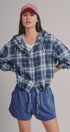 Plaid Flannel Hooded Shacket with Drawstring Hem in Navy - Women's Blankets | Urban Daizy