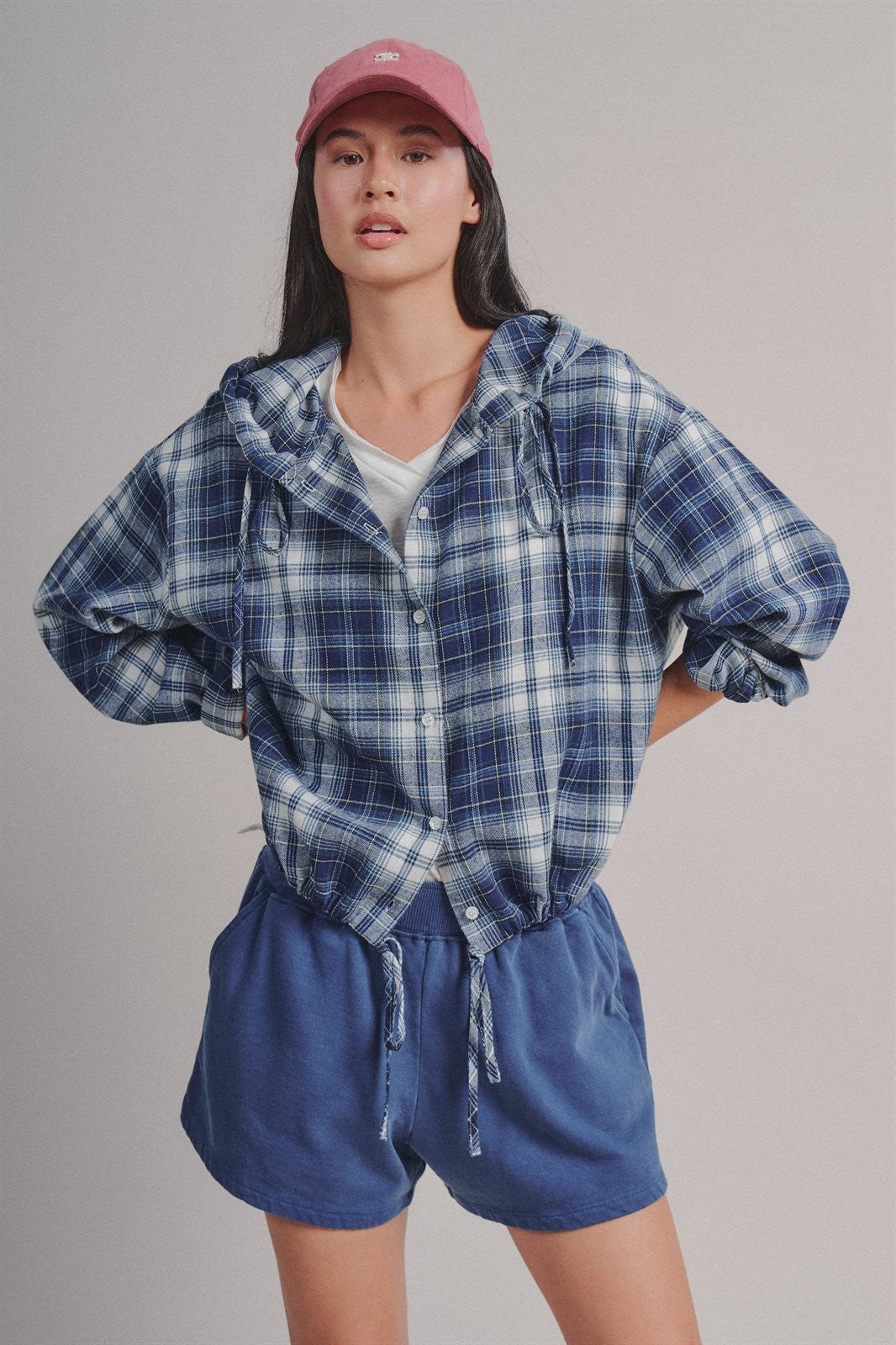 Plaid Flannel Hooded Shacket with Drawstring Hem in Navy - Women's Blankets | Urban Daizy