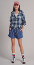 Plaid Flannel Hooded Shacket with Drawstring Hem in Navy - Women's Blankets | Urban Daizy