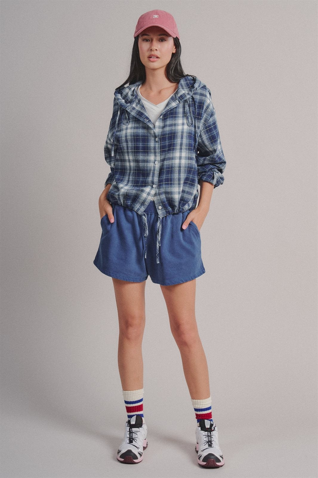 Plaid Flannel Hooded Shacket with Drawstring Hem in Navy - Women's Blankets | Urban Daizy