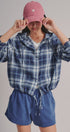 Plaid Flannel Hooded Shacket with Drawstring Hem in Navy - Women's Blankets | Urban Daizy