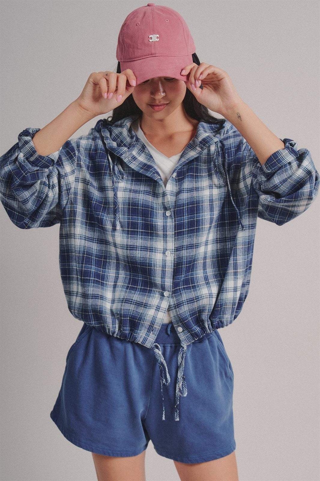 Plaid Flannel Hooded Shacket with Drawstring Hem in Navy - Women's Blankets | Urban Daizy