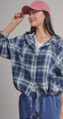 Plaid Flannel Hooded Shacket with Drawstring Hem in Navy - Women's Blankets | Urban Daizy