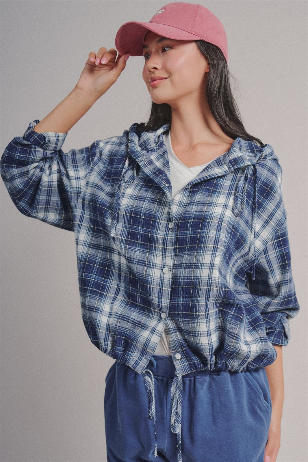 Plaid Flannel Hooded Shacket with Drawstring Hem in Navy - Women's Blankets | Urban Daizy