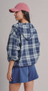 Plaid Flannel Hooded Shacket with Drawstring Hem in Navy - Women's Blankets | Urban Daizy