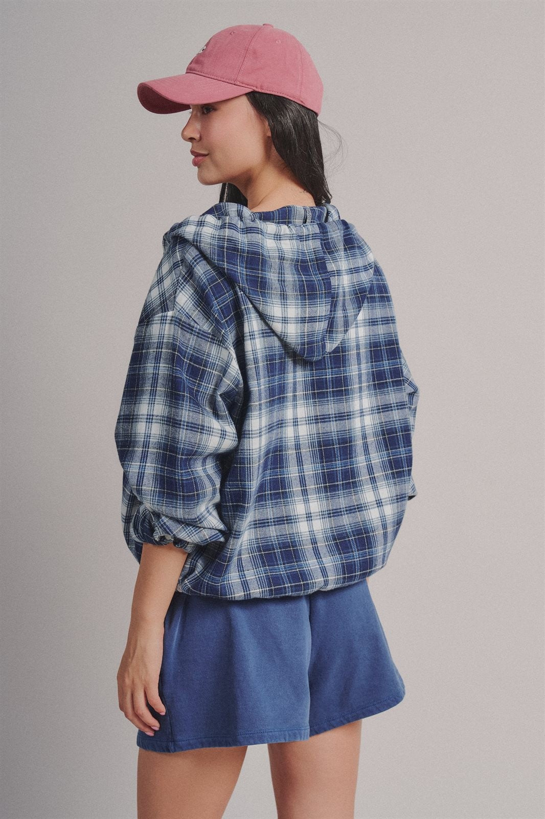Plaid Flannel Hooded Shacket with Drawstring Hem in Navy - Women's Blankets | Urban Daizy