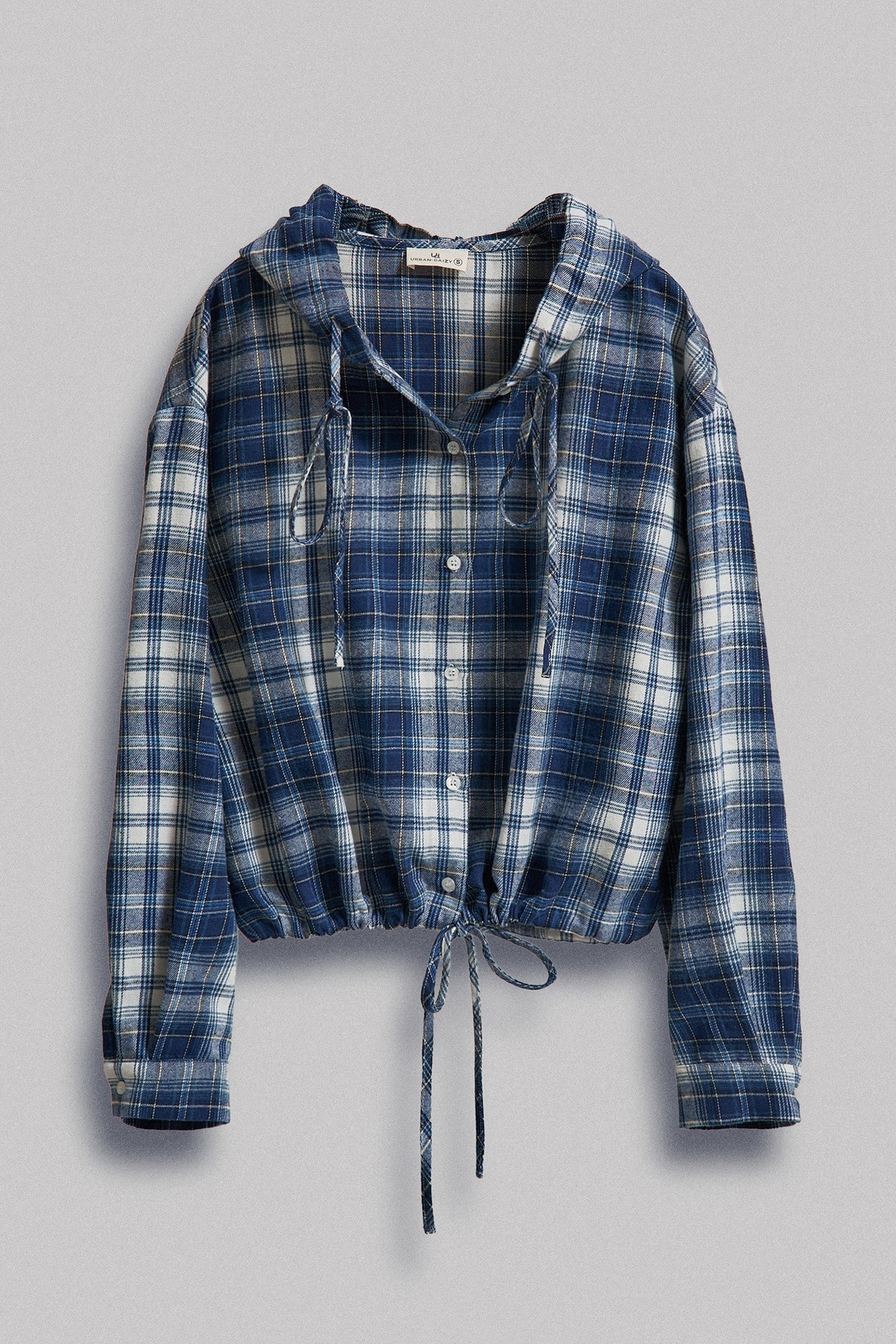 Plaid Flannel Hooded Shacket with Drawstring Hem in Navy - Women's Blankets | Urban Daizy