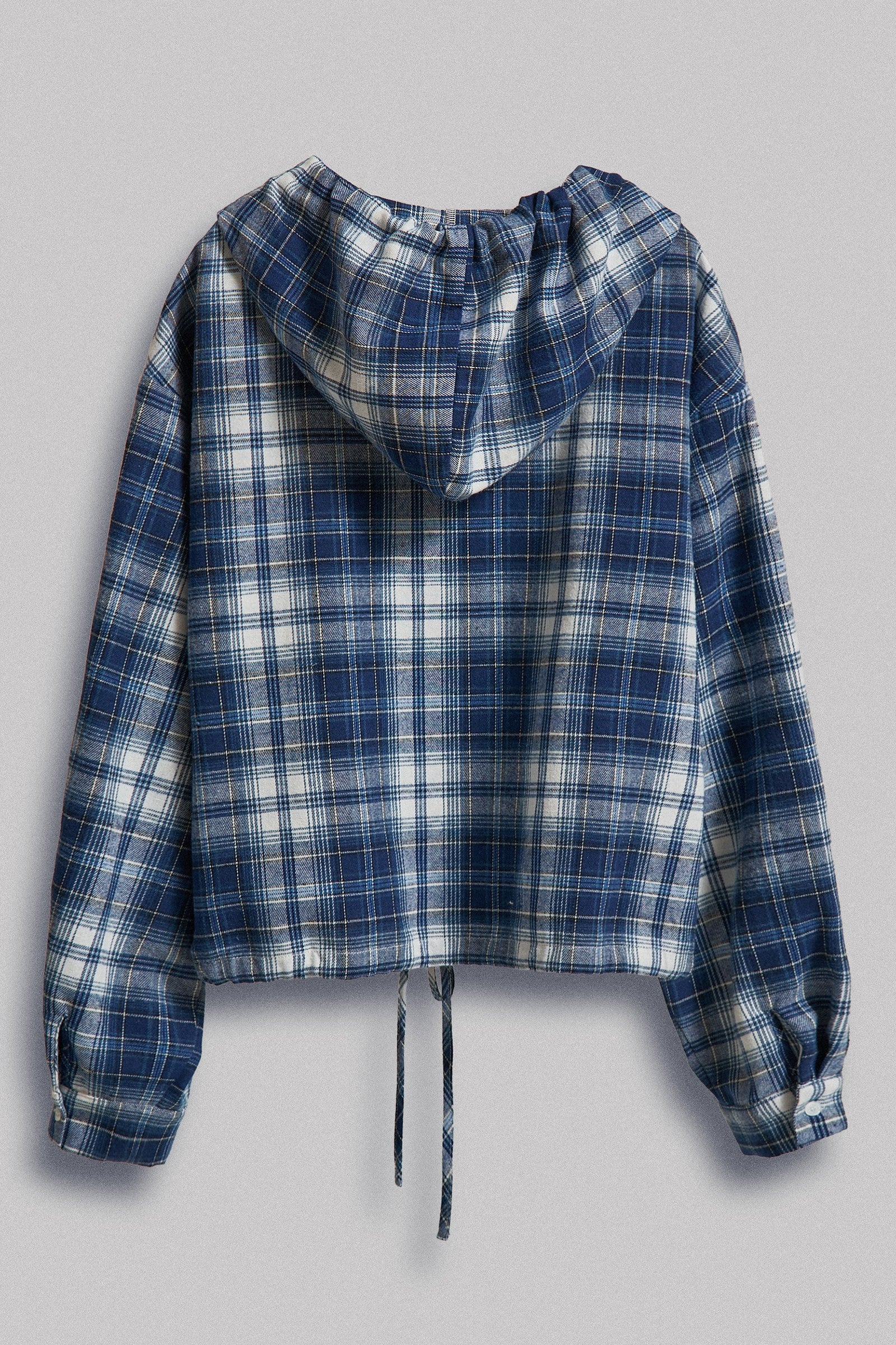 Plaid Flannel Hooded Shacket with Drawstring Hem in Navy - Women's Blankets | Urban Daizy
