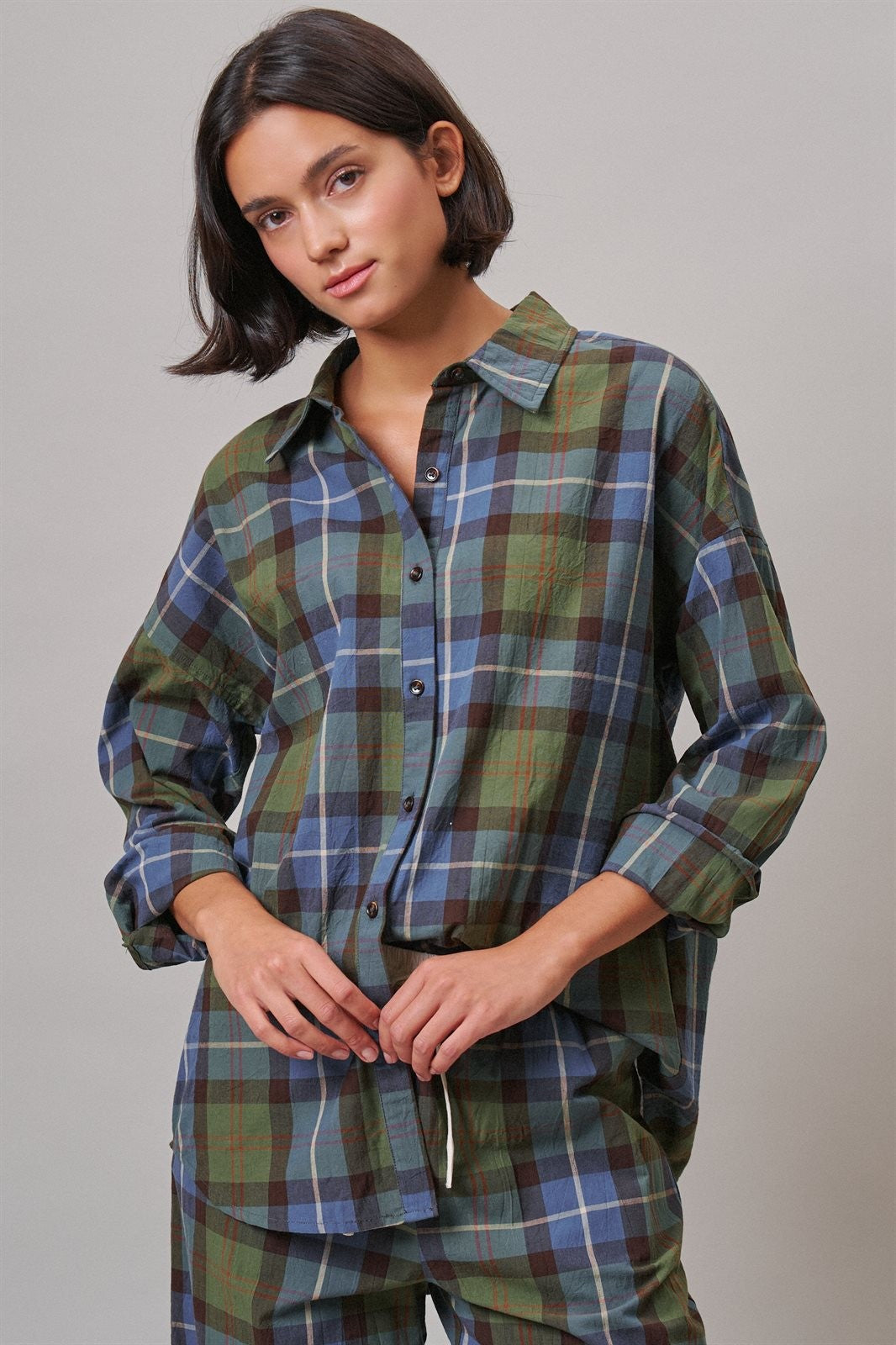 Plaid Cotton Button-Down Collared Shirt in Green - Women's Shirts & Blouses | Urban Daizy