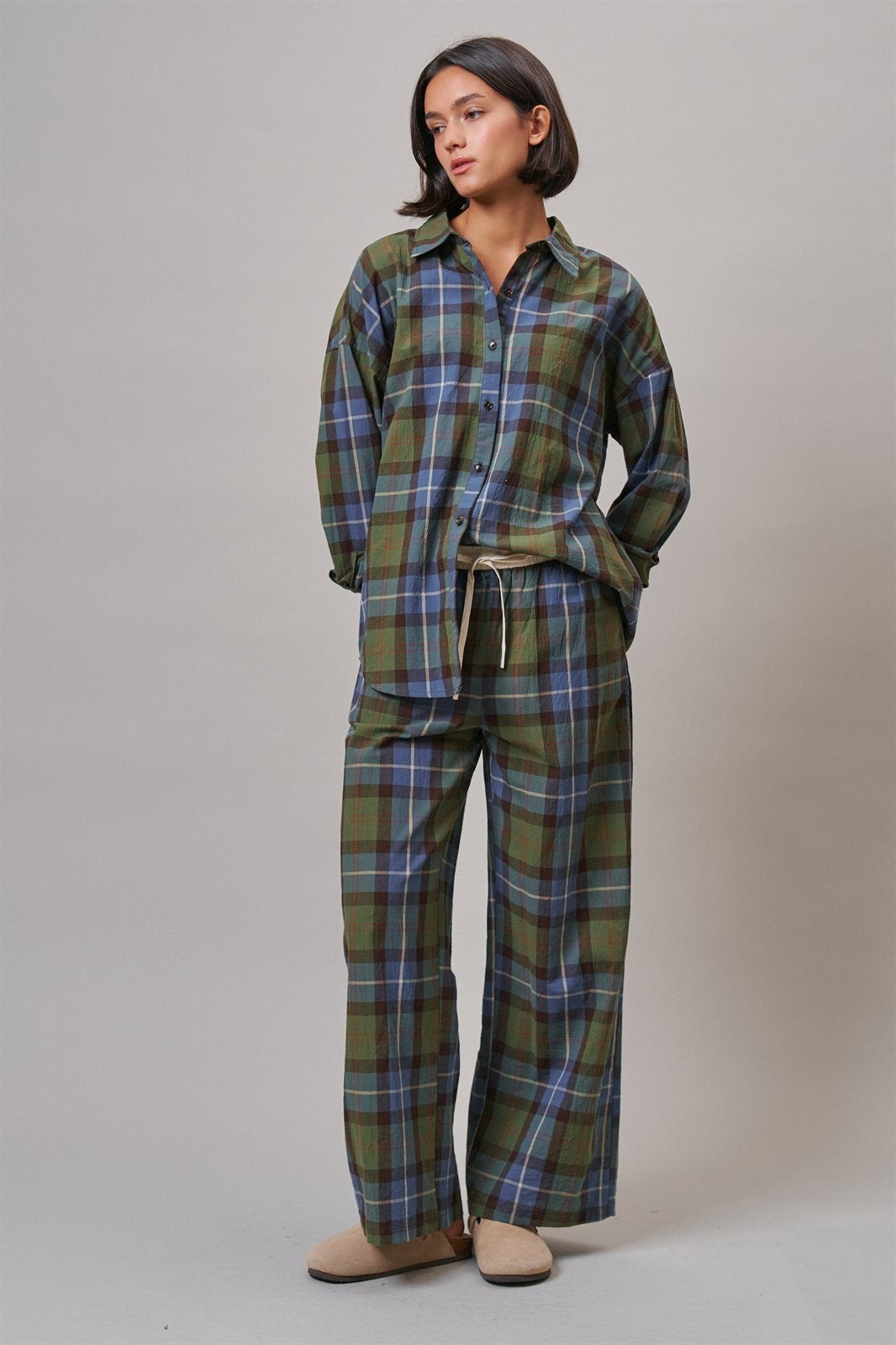 Plaid Cotton Button-Down Collared Shirt in Green - Women's Shirts & Blouses | Urban Daizy