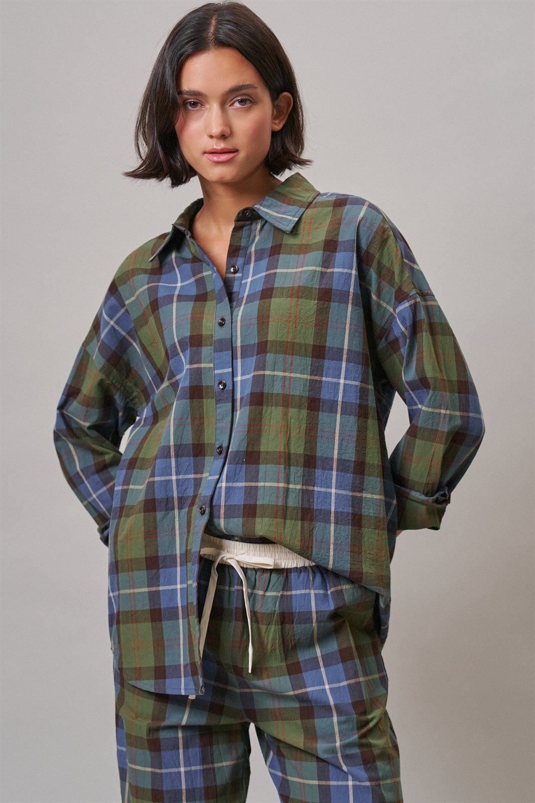 Plaid Cotton Button-Down Collared Shirt in Green - Women's Shirts & Blouses | Urban Daizy