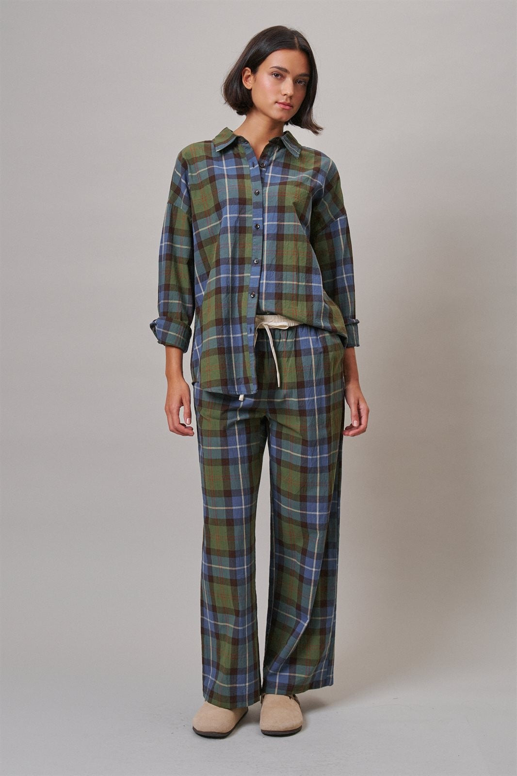 Plaid Cotton Button-Down Collared Shirt in Green - Women's Shirts & Blouses | Urban Daizy
