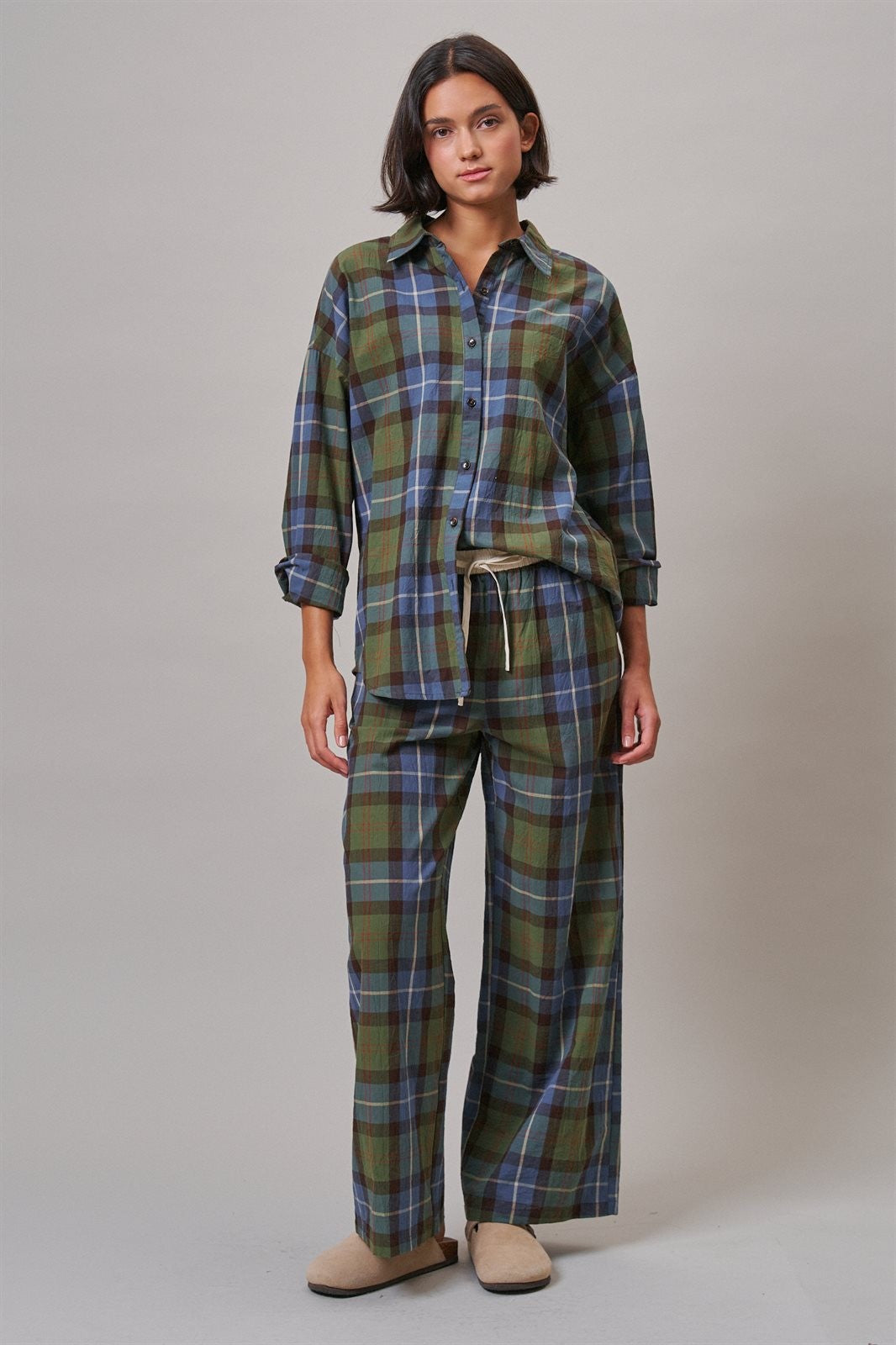 Plaid Cotton Button-Down Collared Shirt in Green - Women's Shirts & Blouses | Urban Daizy