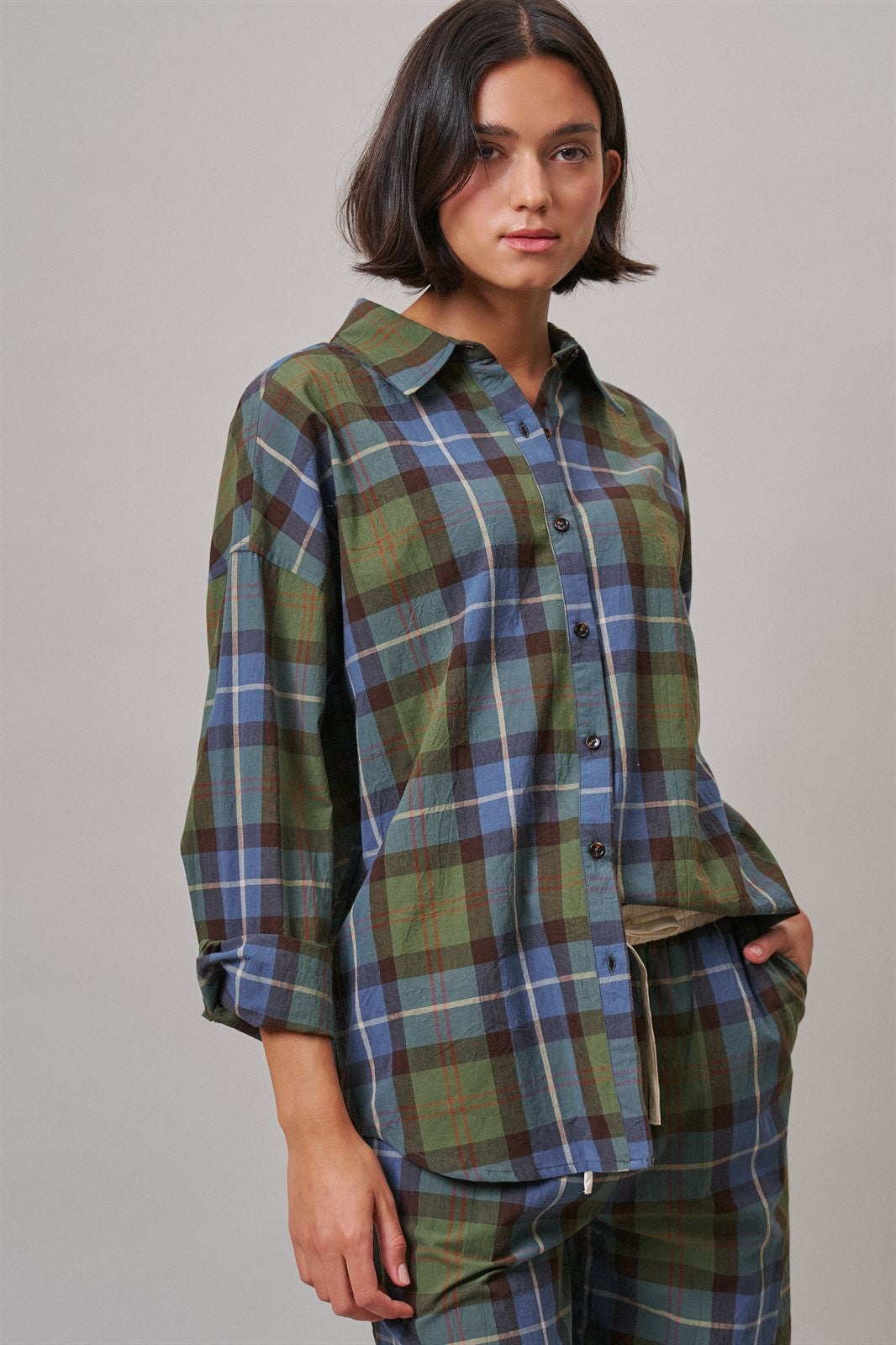 Plaid Cotton Button-Down Collared Shirt in Green - Women's Shirts & Blouses | Urban Daizy
