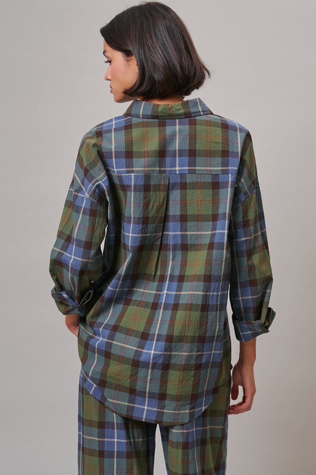 Plaid Cotton Button-Down Collared Shirt in Green - Women's Shirts & Blouses | Urban Daizy