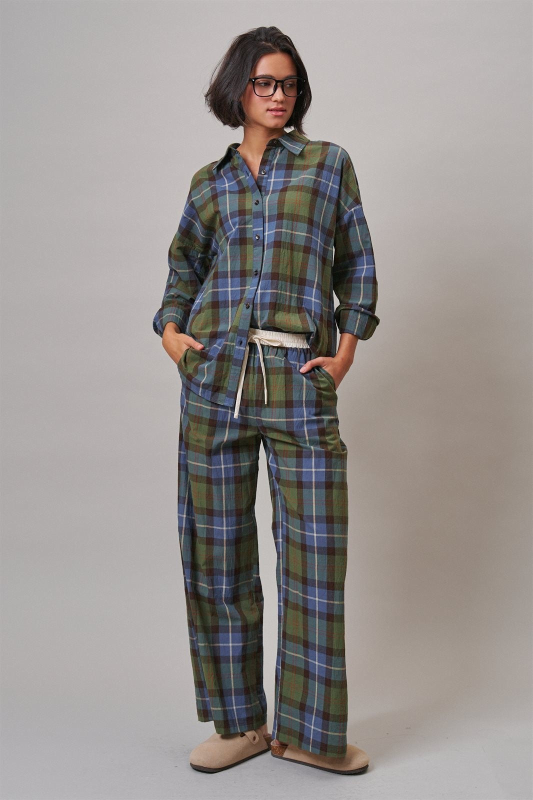 Plaid Cotton Button-Down Collared Shirt in Green - Women's Shirts & Blouses | Urban Daizy