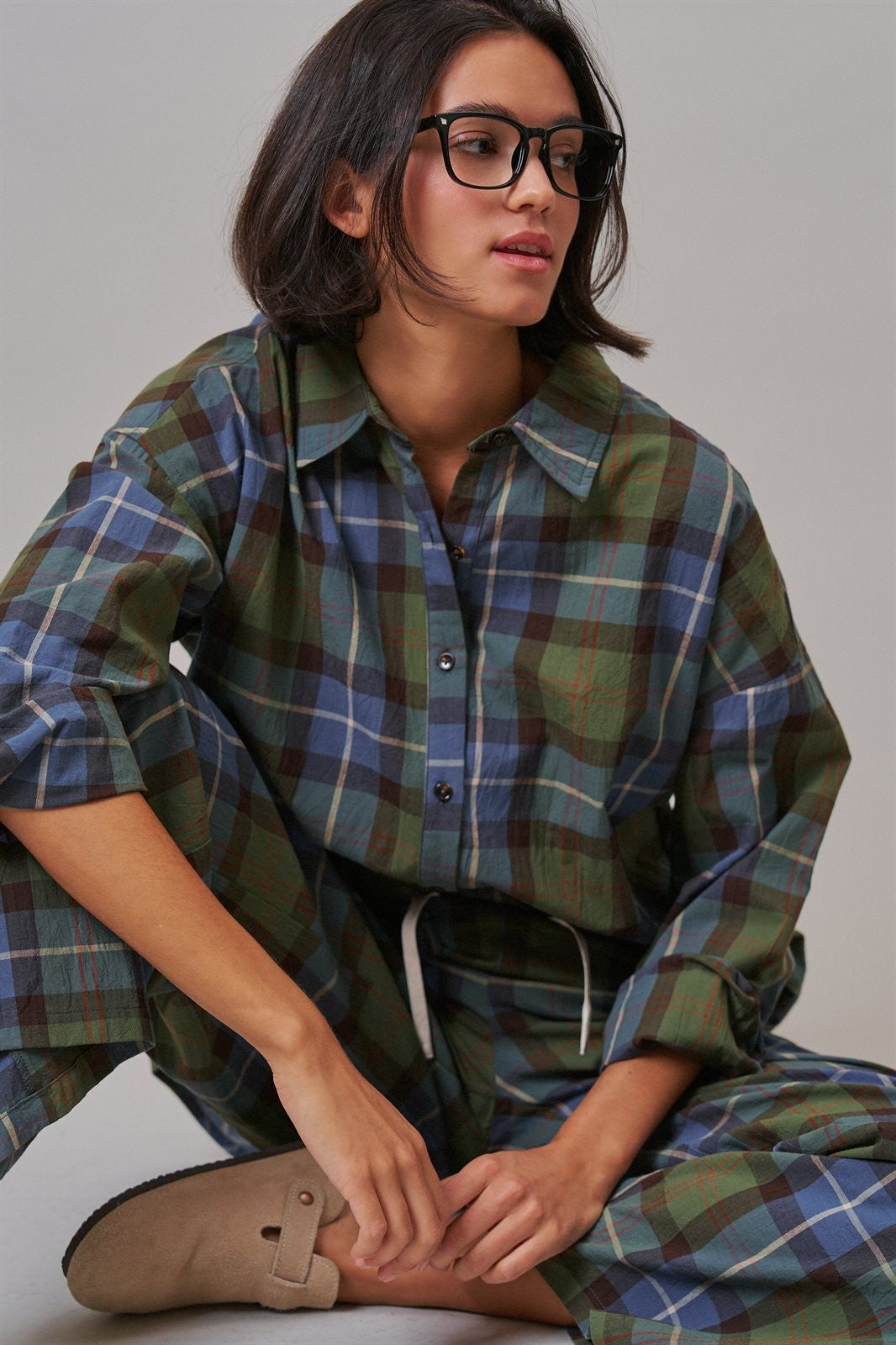 Plaid Cotton Button-Down Collared Shirt in Green - Women's Shirts & Blouses | Urban Daizy