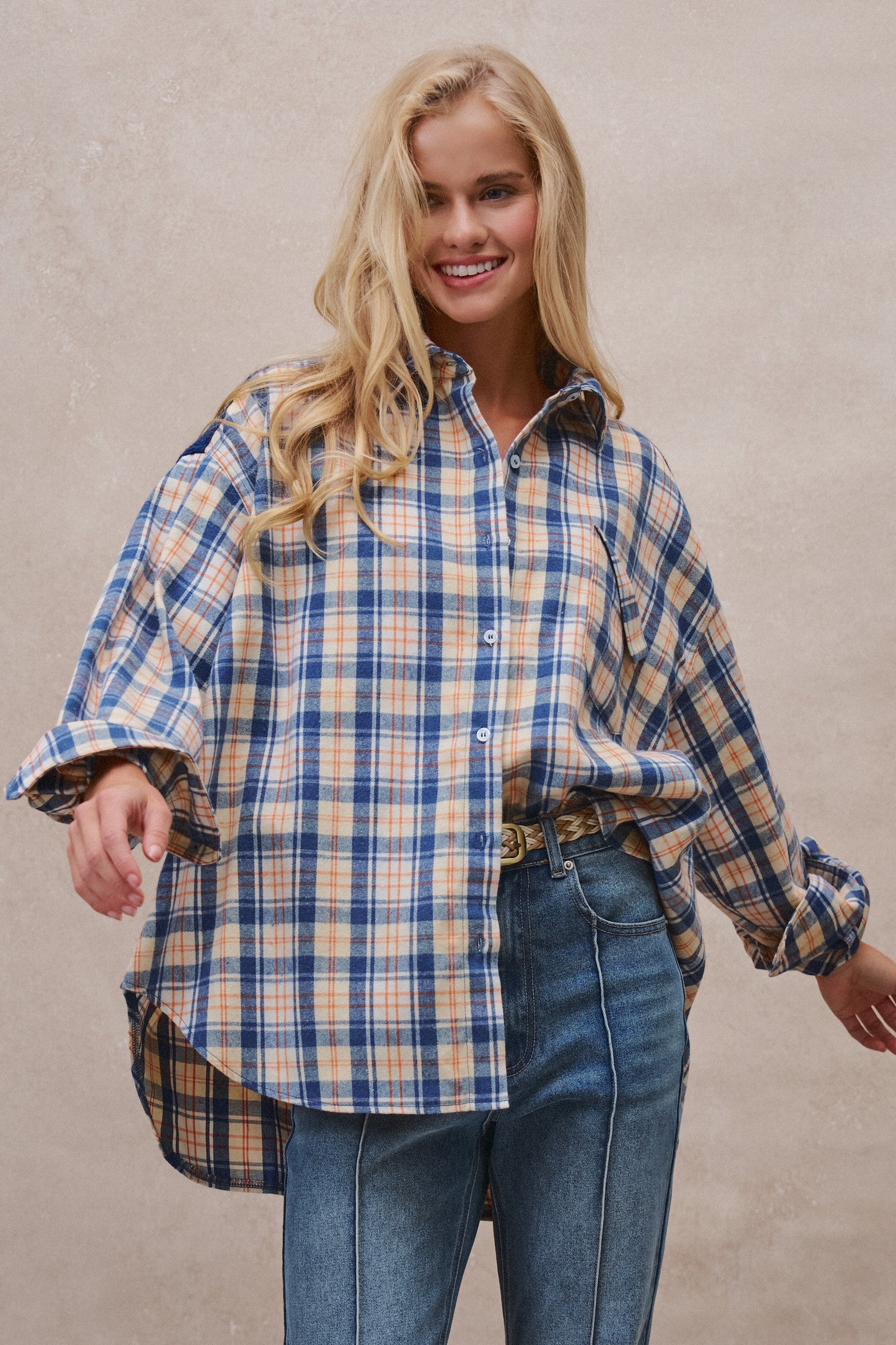 Oversized Plaid Flannel Button Down Shacket in Blue - Women's Shirts & Blouses | Urban Daizy