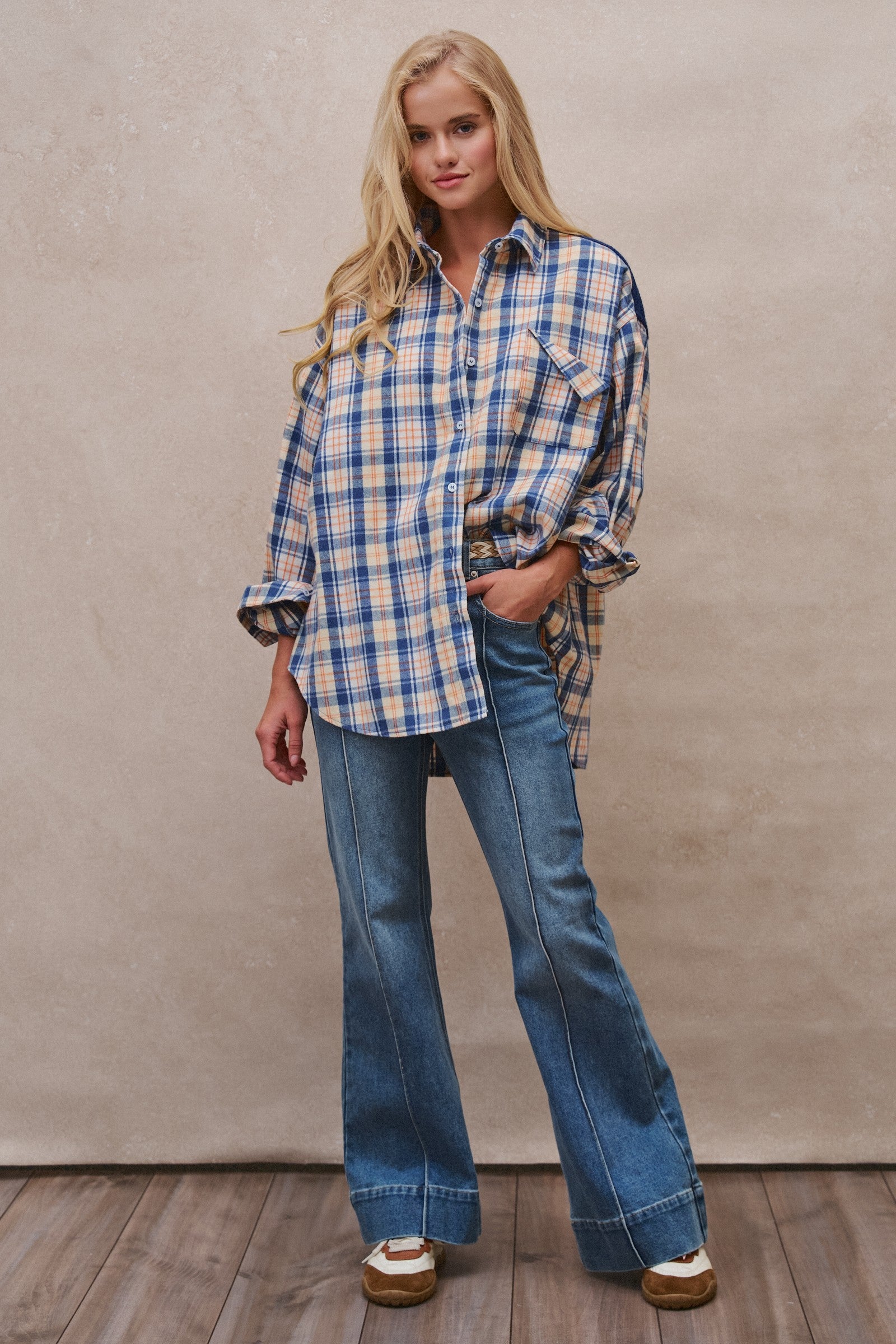 Oversized Plaid Flannel Button Down Shacket in Blue - Women's Shirts & Blouses | Urban Daizy