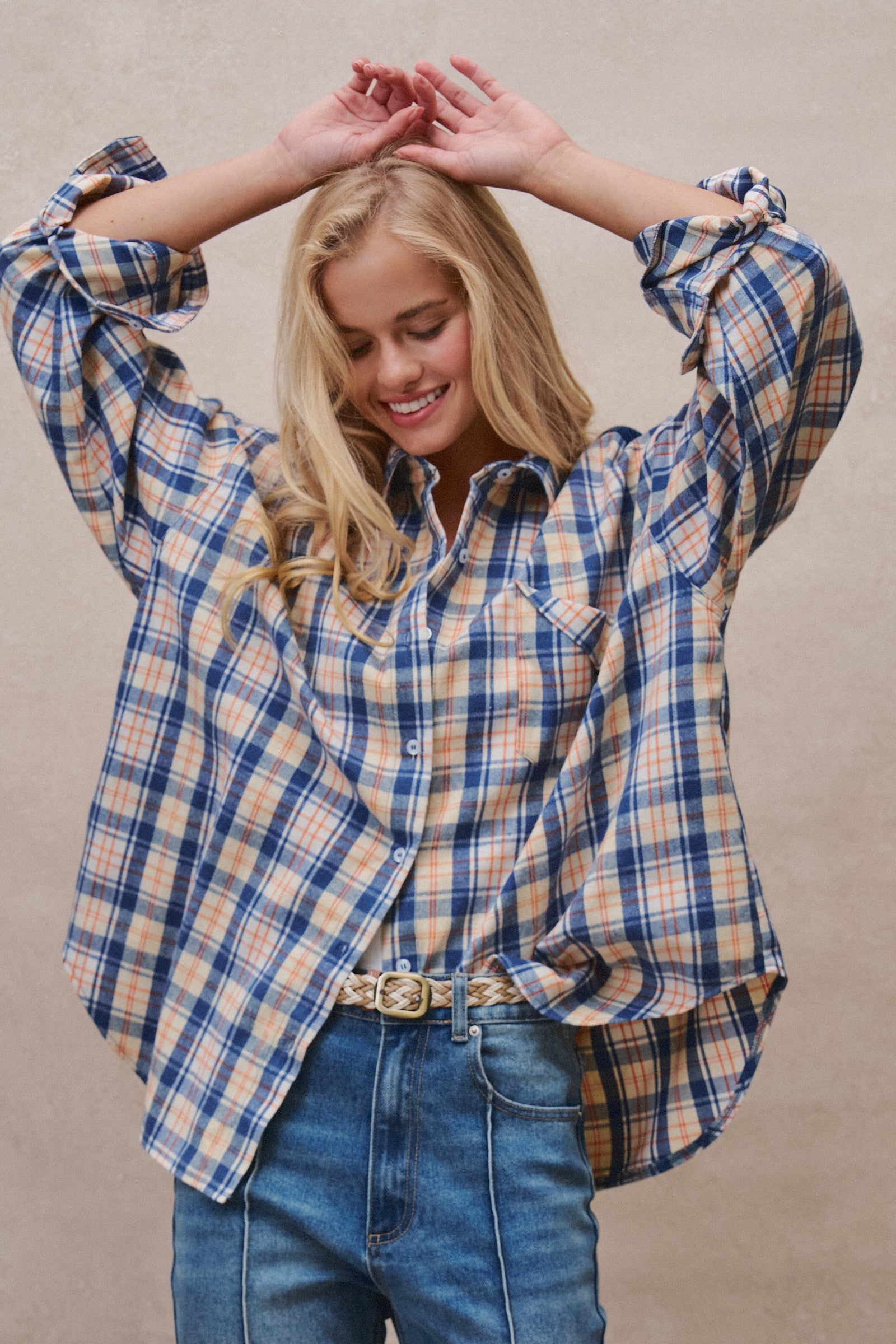 Oversized Plaid Flannel Button Down Shacket in Blue - Women's Shirts & Blouses | Urban Daizy