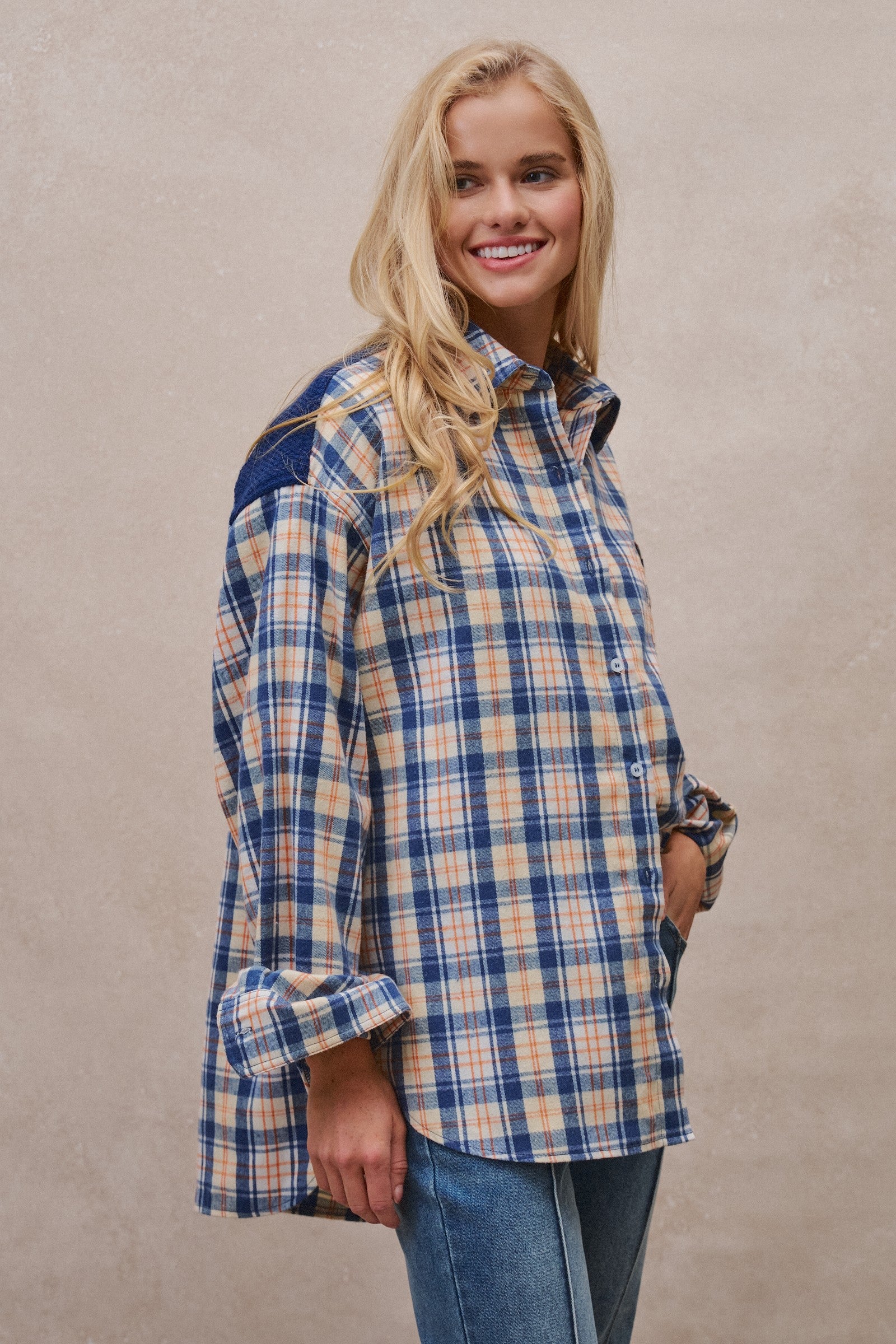 Oversized Plaid Flannel Button Down Shacket in Blue - Women's Shirts & Blouses | Urban Daizy
