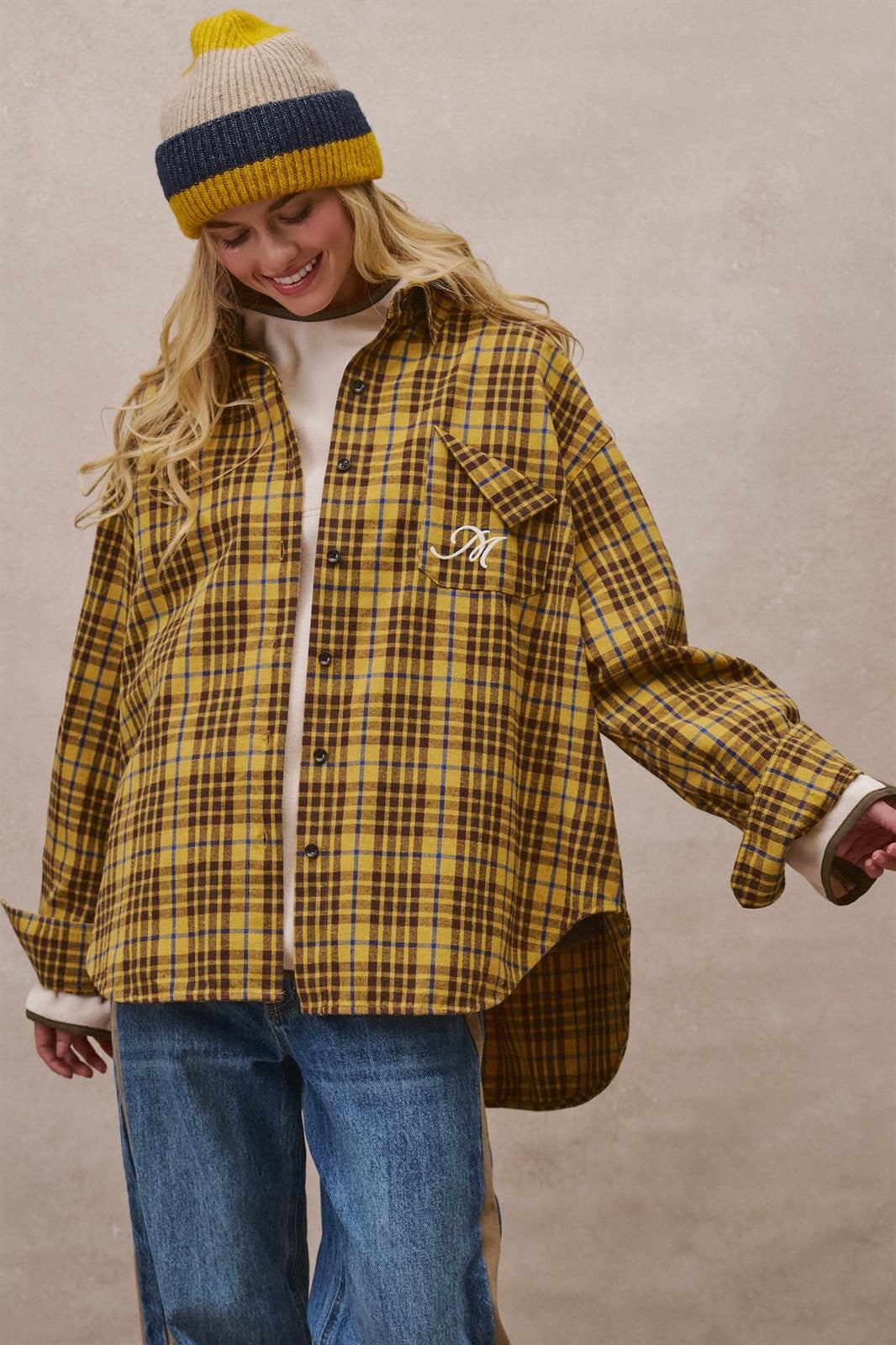 Oversized Plaid Flannel Button Down Shacket in Mustard - Women's Shirts & Blouses | Urban Daizy
