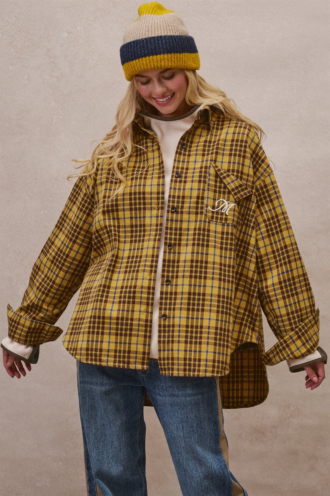Oversized Plaid Flannel Button Down Shacket in Mustard - Women's Shirts & Blouses | Urban Daizy
