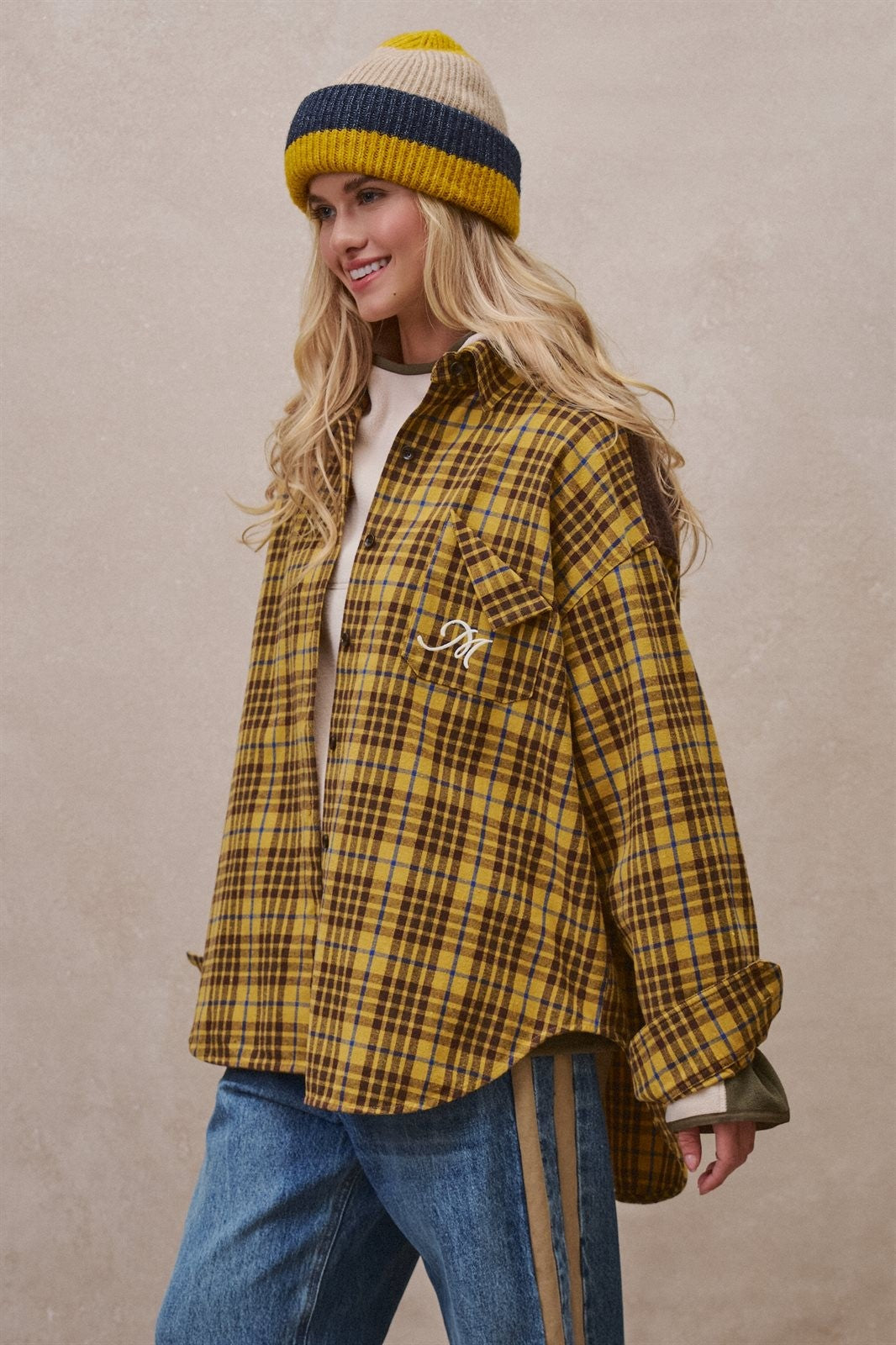 Oversized Plaid Flannel Button Down Shacket in Mustard - Women's Shirts & Blouses | Urban Daizy