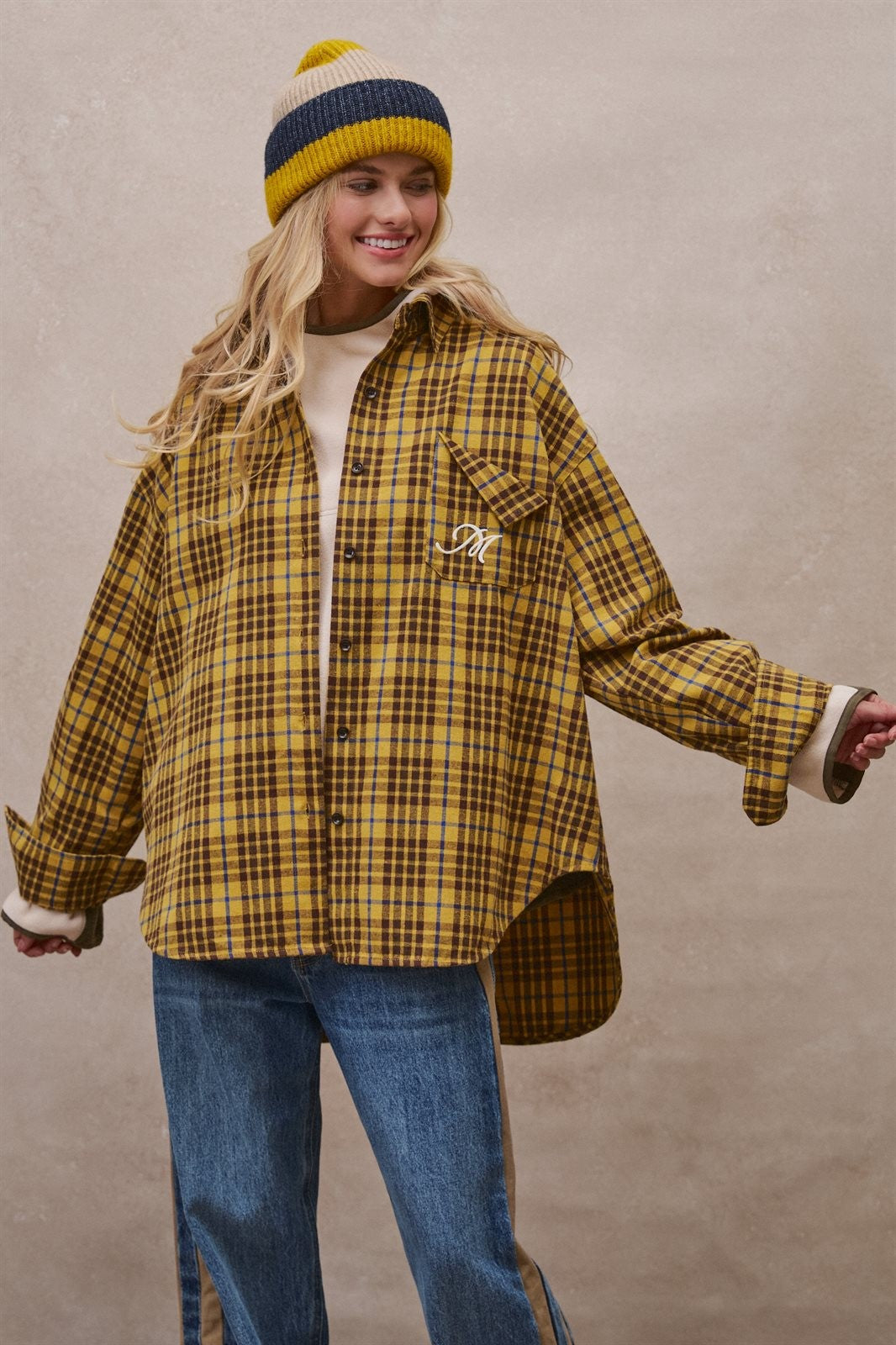 Oversized Plaid Flannel Button Down Shacket in Mustard - Women's Shirts & Blouses | Urban Daizy