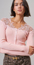 Lace Yoke Ribbed Knit Top with Button Placket in Pink - Women's T-Shirts & Polos | Urban Daizy