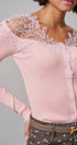 Lace Yoke Ribbed Knit Top with Button Placket in Pink - Women's T-Shirts & Polos | Urban Daizy