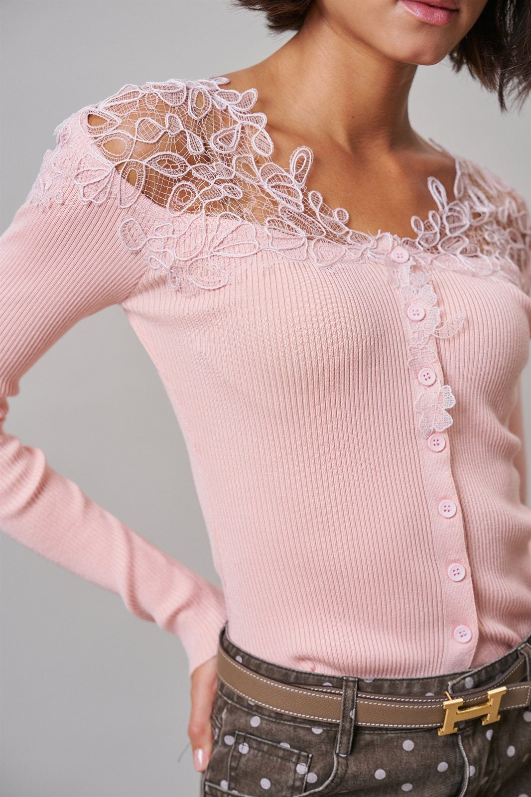 Lace Yoke Ribbed Knit Top with Button Placket in Pink - Women's T-Shirts & Polos | Urban Daizy