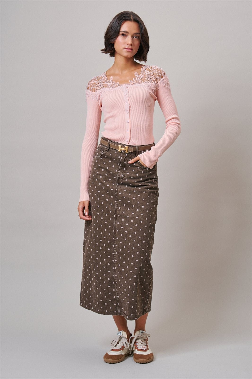 Lace Yoke Ribbed Knit Top with Button Placket in Pink - Women's T-Shirts & Polos | Urban Daizy