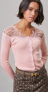 Lace Yoke Ribbed Knit Top with Button Placket in Pink - Women's T-Shirts & Polos | Urban Daizy