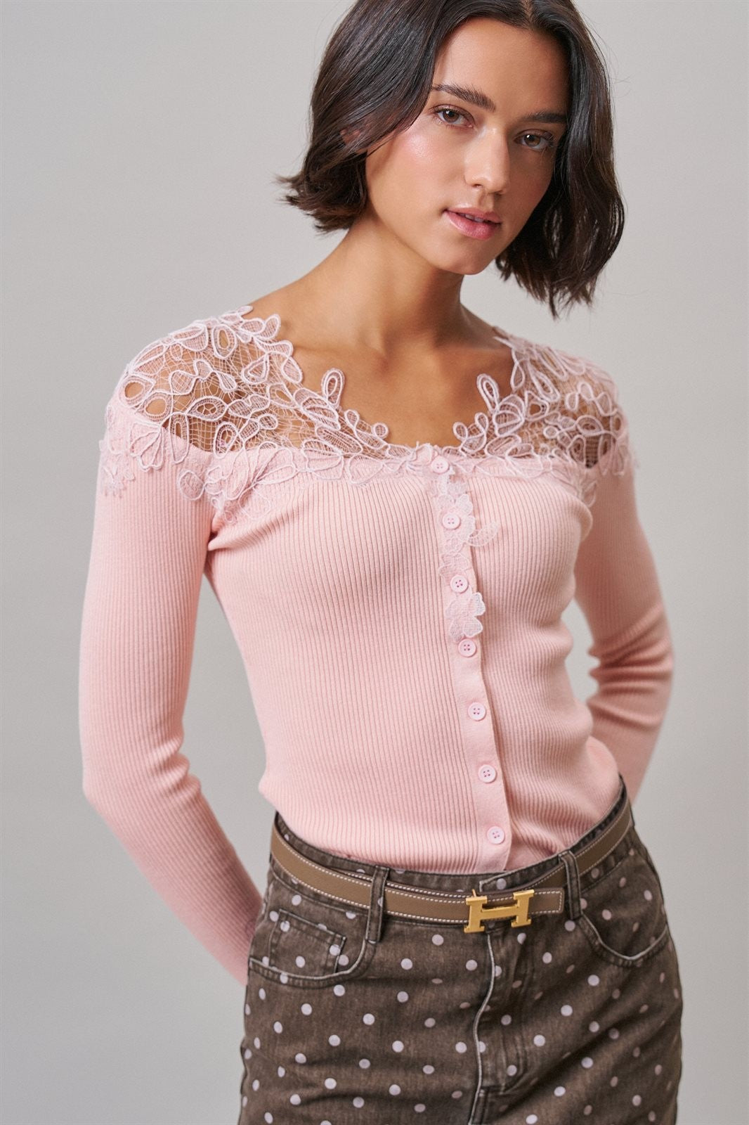 Lace Yoke Ribbed Knit Top with Button Placket in Pink - Women's T-Shirts & Polos | Urban Daizy