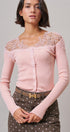Lace Yoke Ribbed Knit Top with Button Placket in Pink - Women's T-Shirts & Polos | Urban Daizy