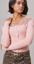 Lace Yoke Ribbed Knit Top with Button Placket in Pink - Women's T-Shirts & Polos | Urban Daizy