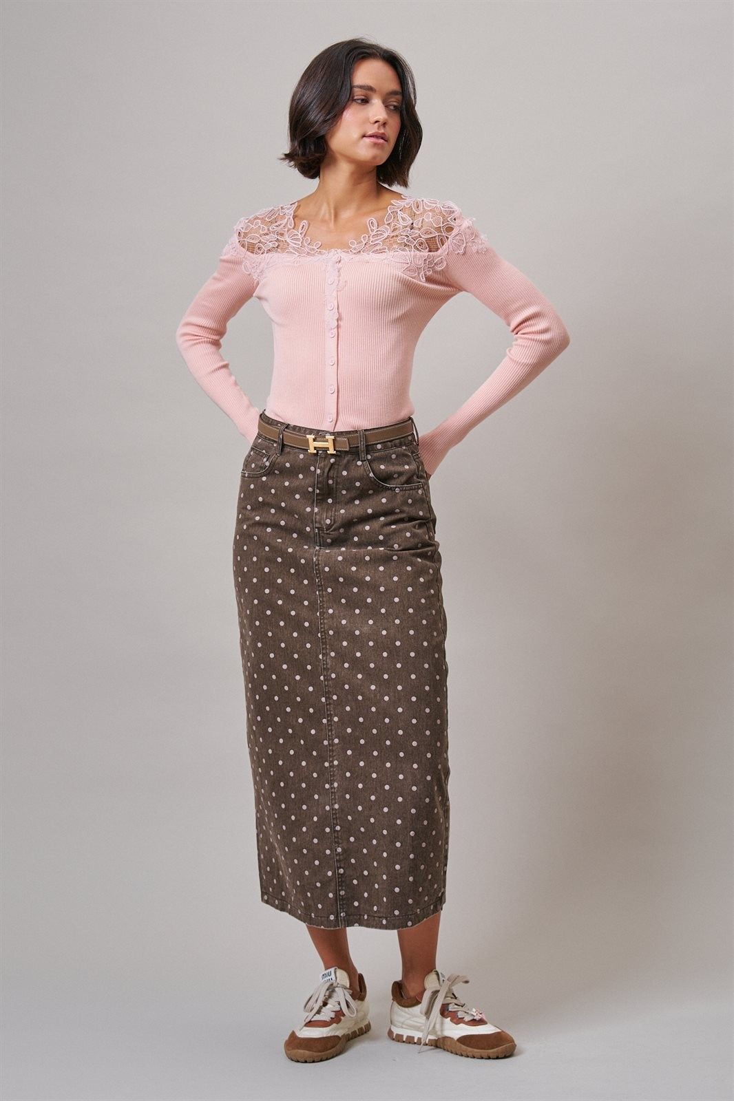 Lace Yoke Ribbed Knit Top with Button Placket in Pink - Women's T-Shirts & Polos | Urban Daizy