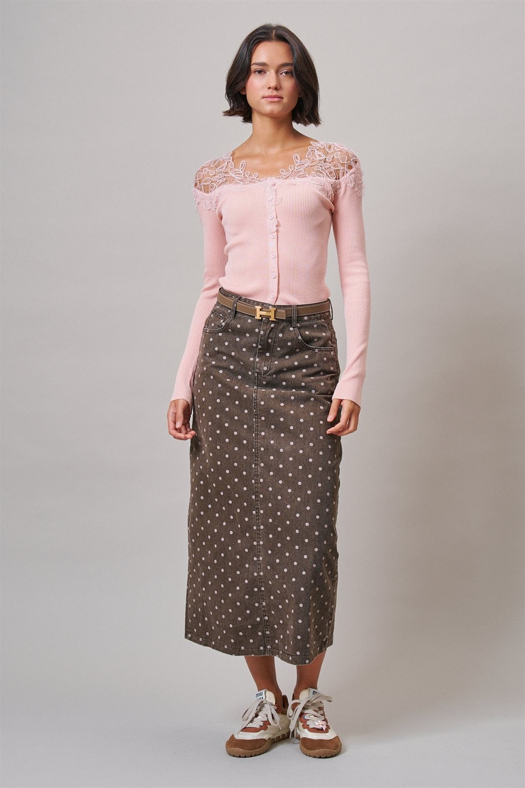 Lace Yoke Ribbed Knit Top with Button Placket in Pink - Women's T-Shirts & Polos | Urban Daizy
